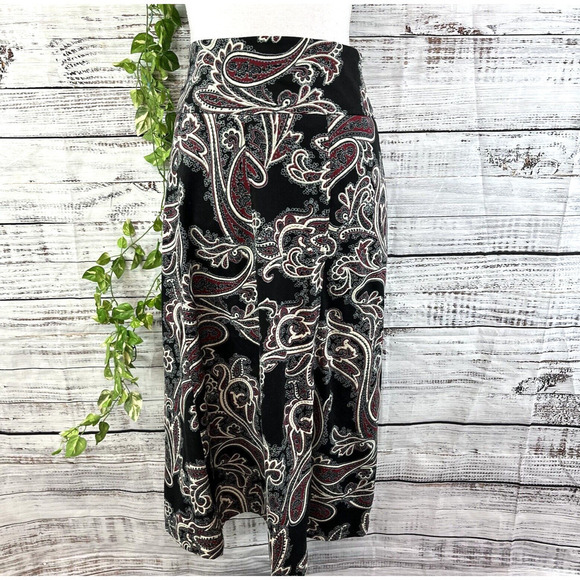 Christopher & Banks Skirt size 10 Black Red Paisley A Line Midi Boho Modest Slim - Picture 1 of 16